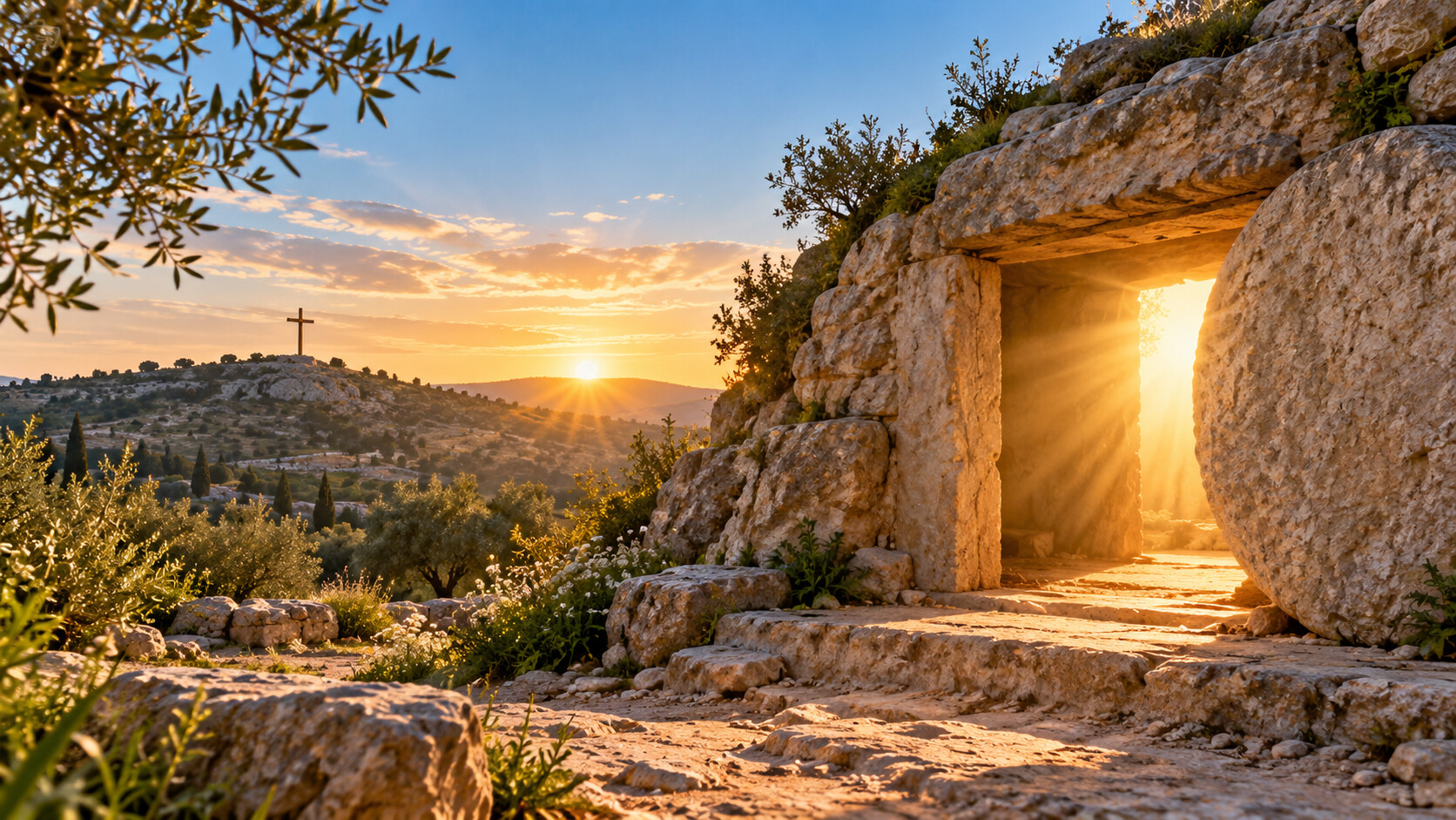The empty tomb and a distant cross at sunrise