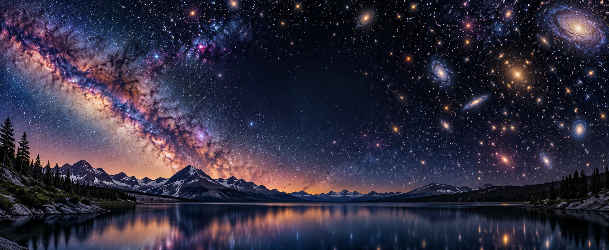 The Milky Way and distant galaxies above mountains and a quiet lake