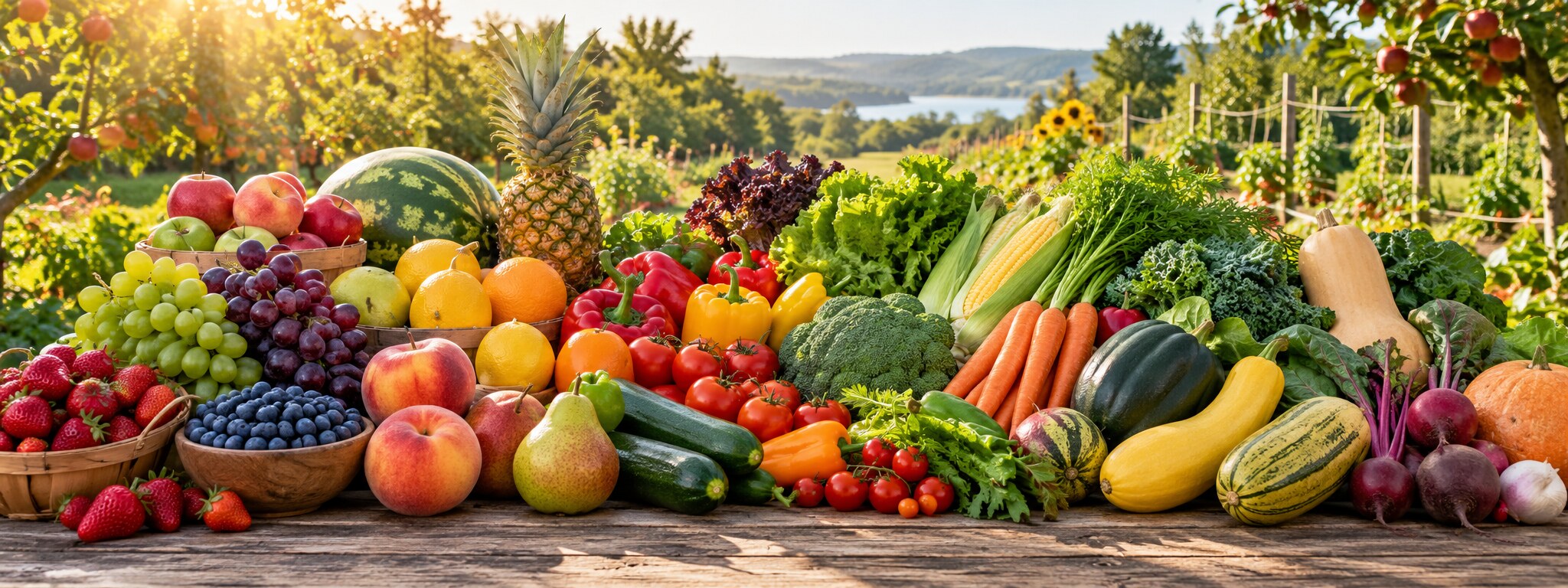 A colorful abundance of fresh fruits and vegetables displayed beside an orchard and garden