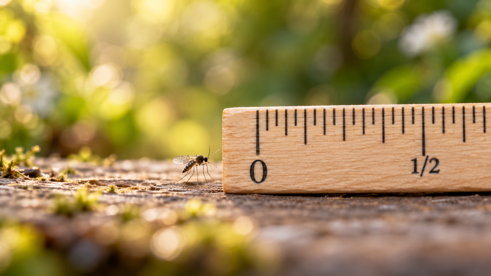 A tiny gnat beside a ruler marked in sixteenths of an inch