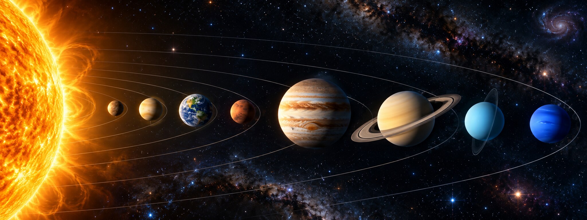 The Sun and the eight planets of our solar system shown in their correct order