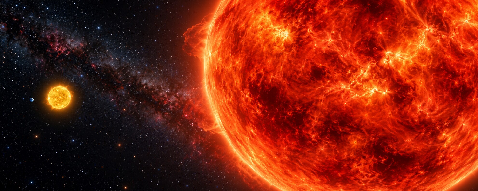 The Earth, Sun, and an enormous red supergiant star shown for comparison